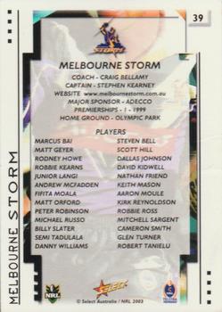 2003 Select XL #39 Melbourne Storm Logo Back